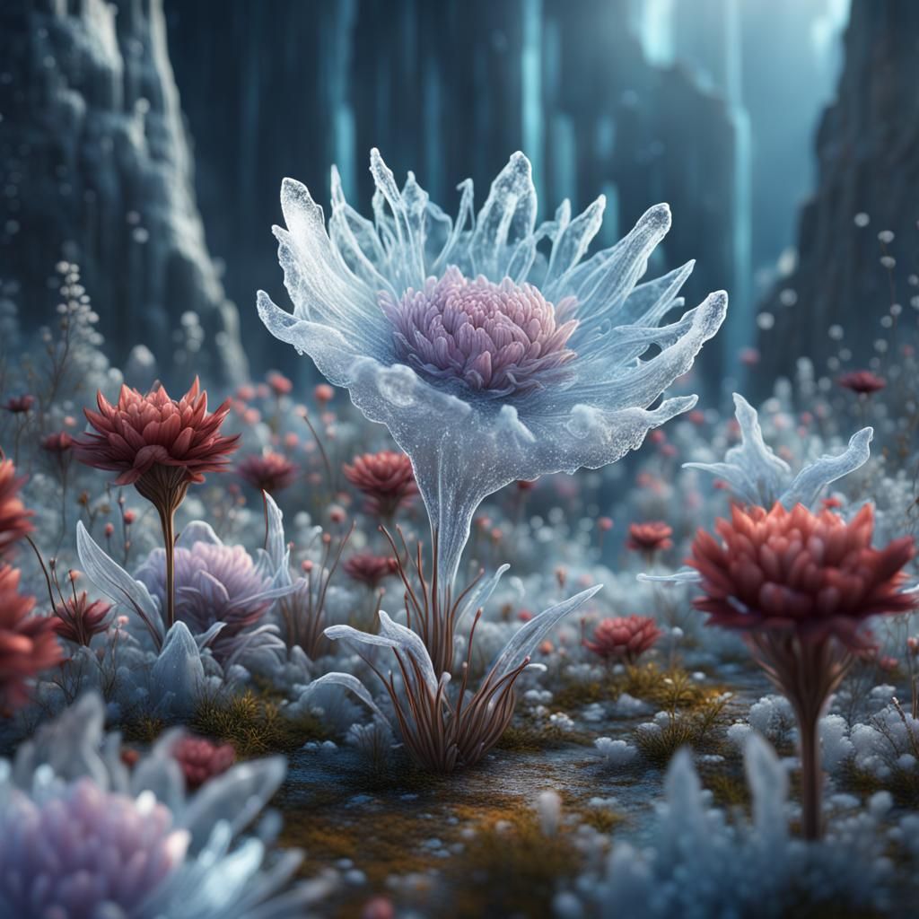 Delicate ice flowers blooming in an imaginative garden  by @undefined
