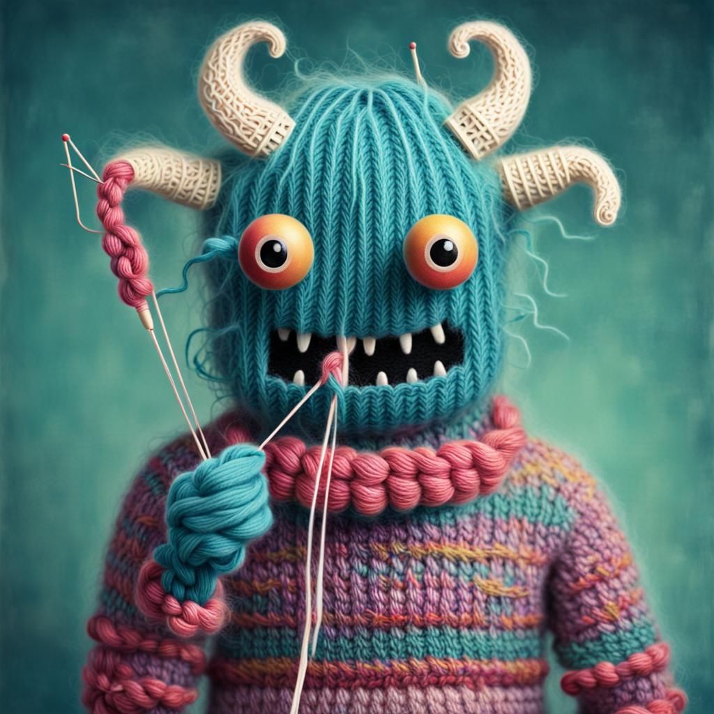 Yarn monster knitting a sweater, pop surrealism
