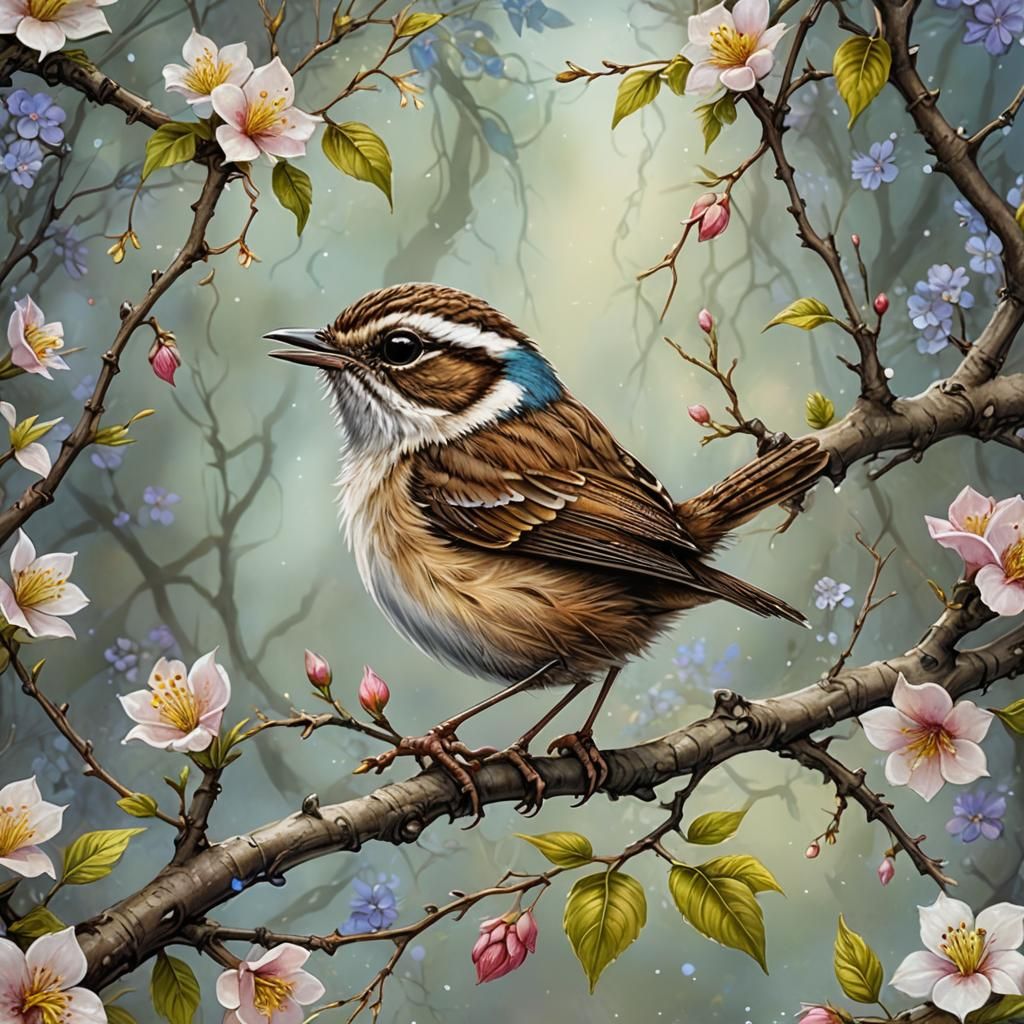 sweet colorful little wren on a flowered branch. art by Cher...