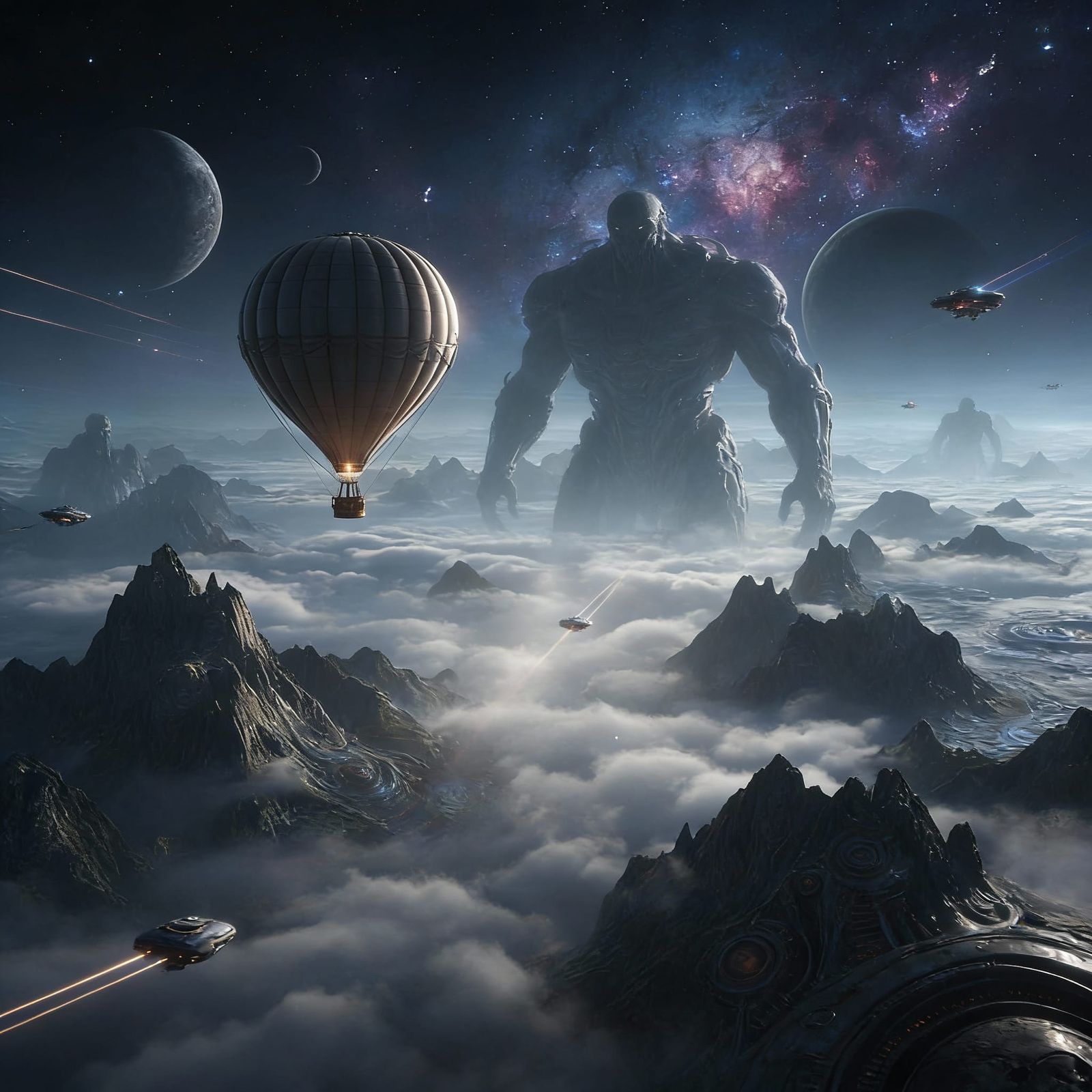 Alien Exoplanet Hot Air Balloon Adventure in Misty Sci-Fi St...