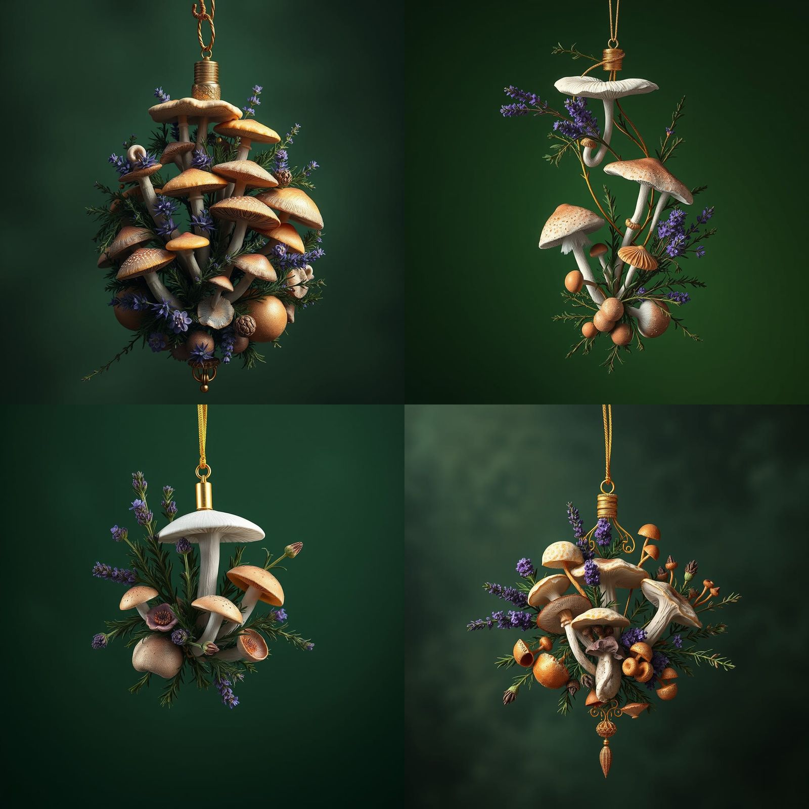 vertical Christmas hanging ornament featuring an elegant composition of different types of mushrooms and herb branches, ...