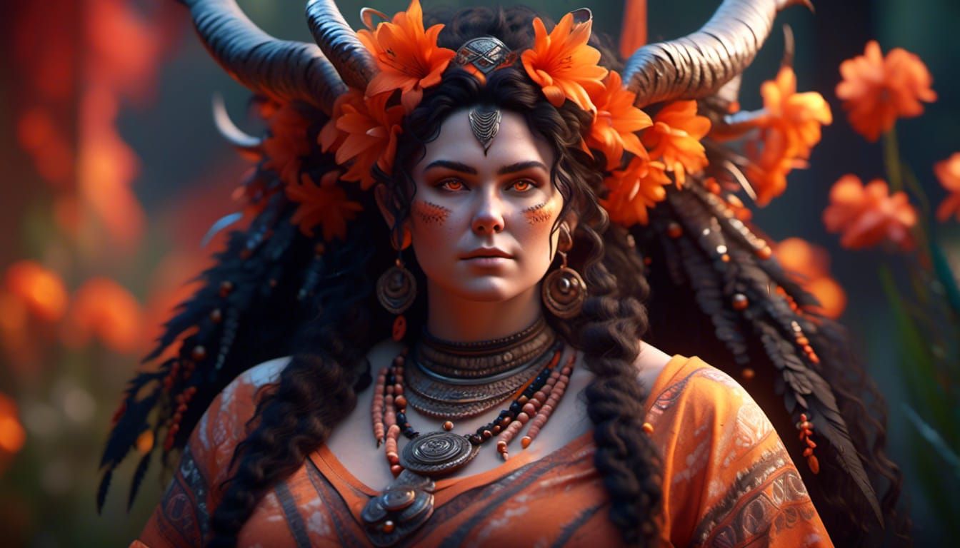 <lora:Mystical Fantasy:1.0>  A chubby tiefling woman with angular features, pale skin, long curly black hair, bright orange eyes wearing sim...