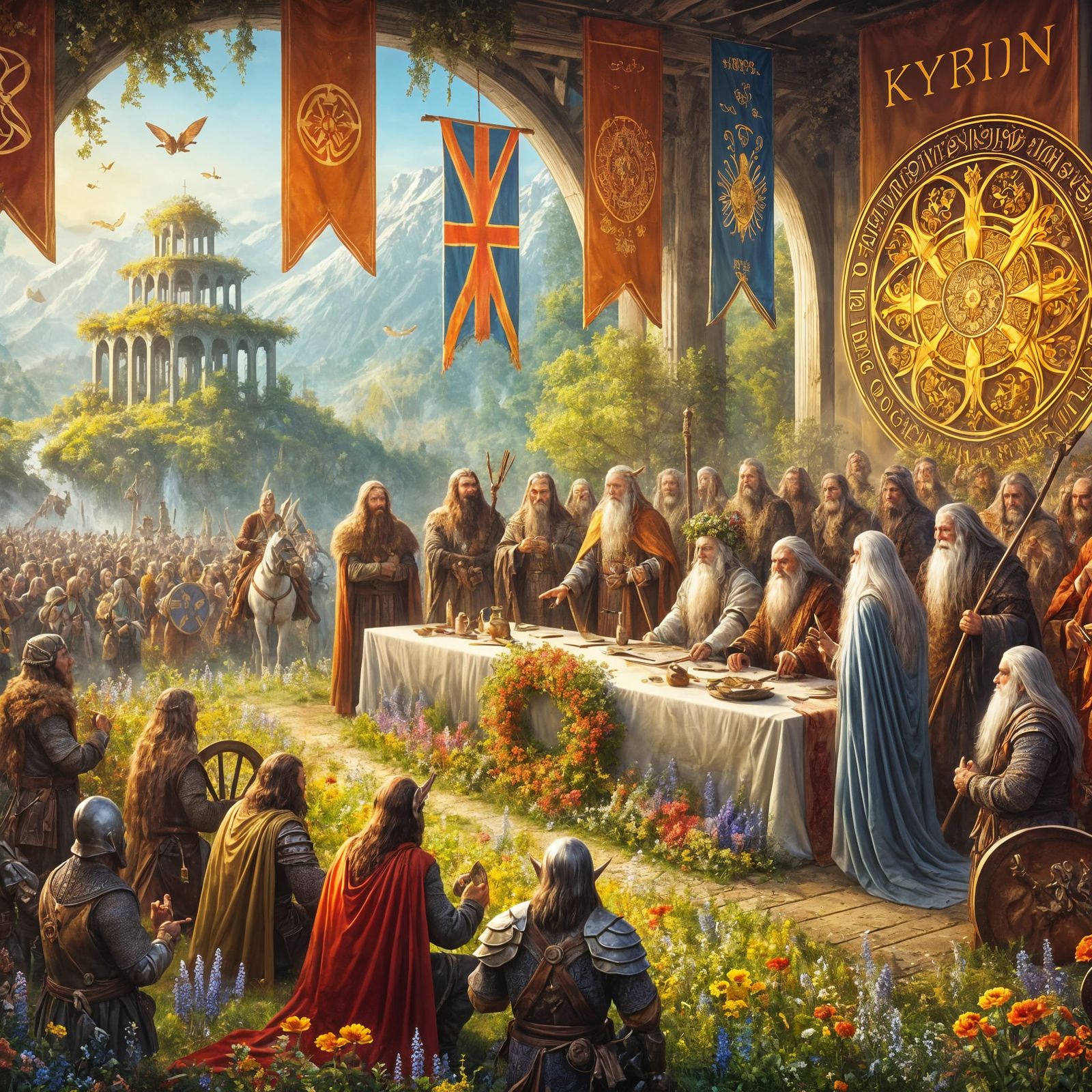 Here is the generated image illustrating the significant moment in the year 633, when the Elven race Elauthin and the Dw...