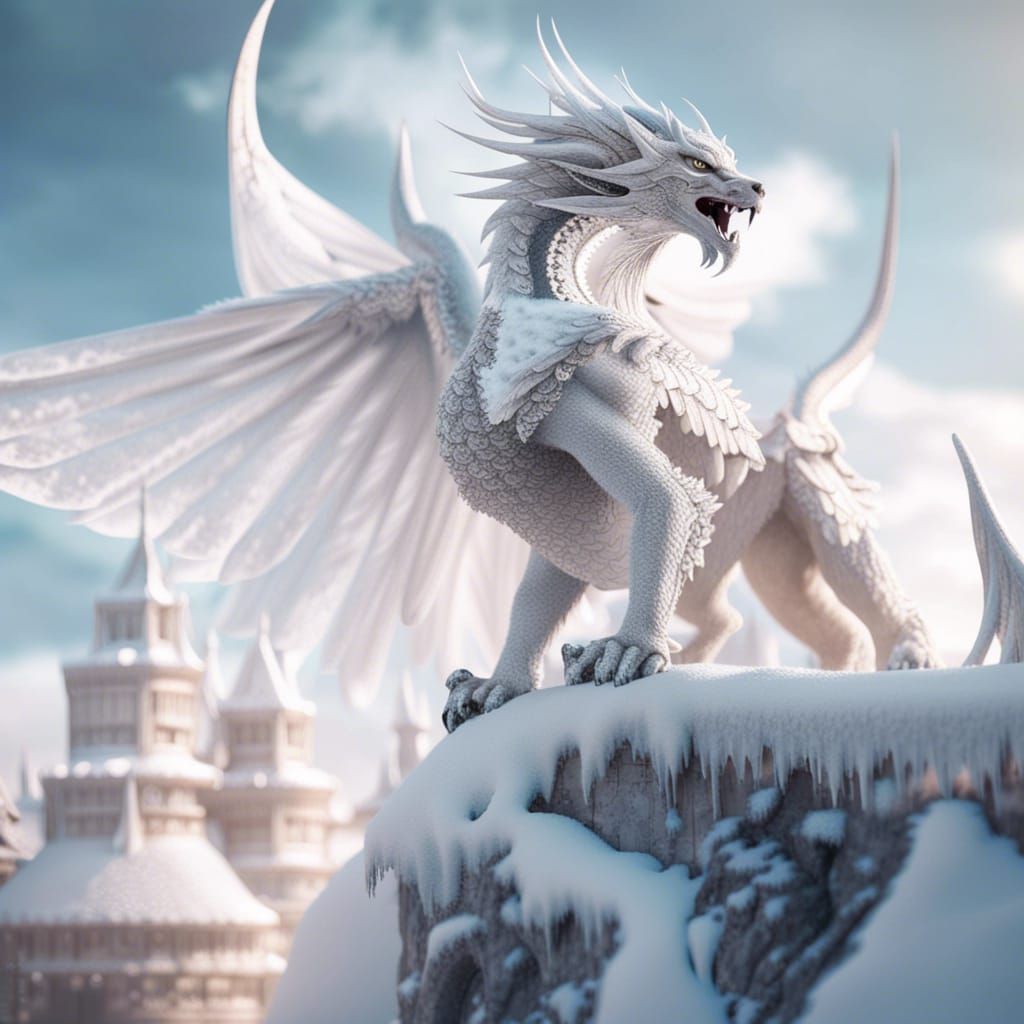 Snow Taiga Scene with Demon, Dragon and Angels