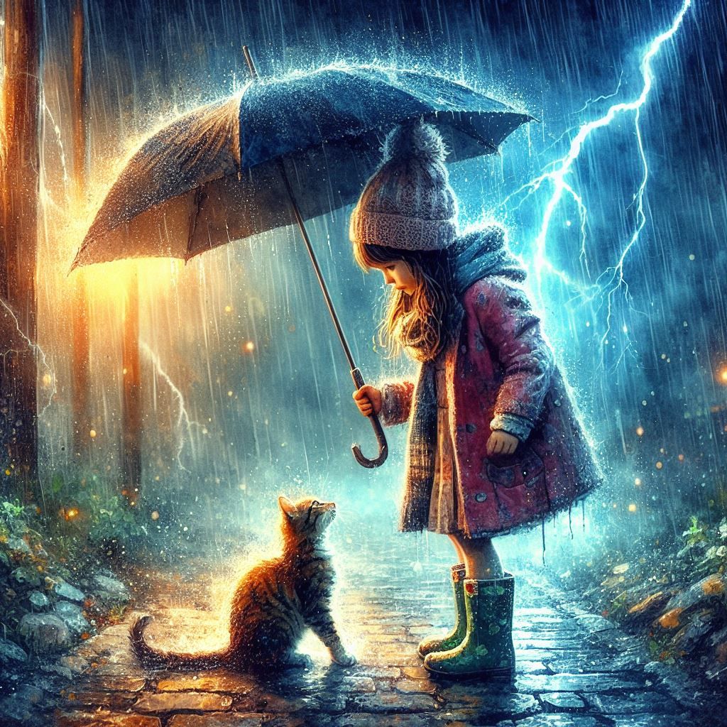 Little girl and stray cat