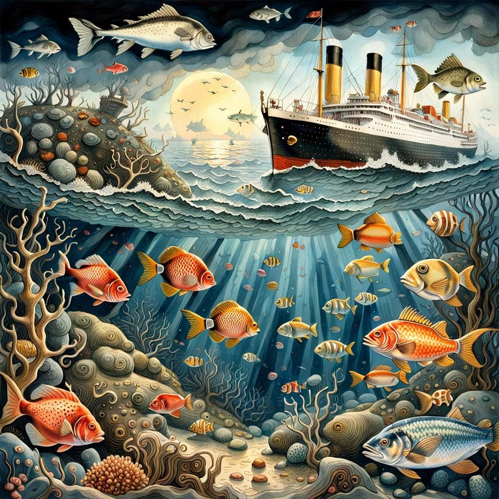 Au fond de la mer, on voit l'épave du Titanic.Les poissons j...