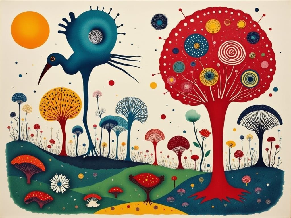 The blue heron flaps it's wings among the forest mushrooms