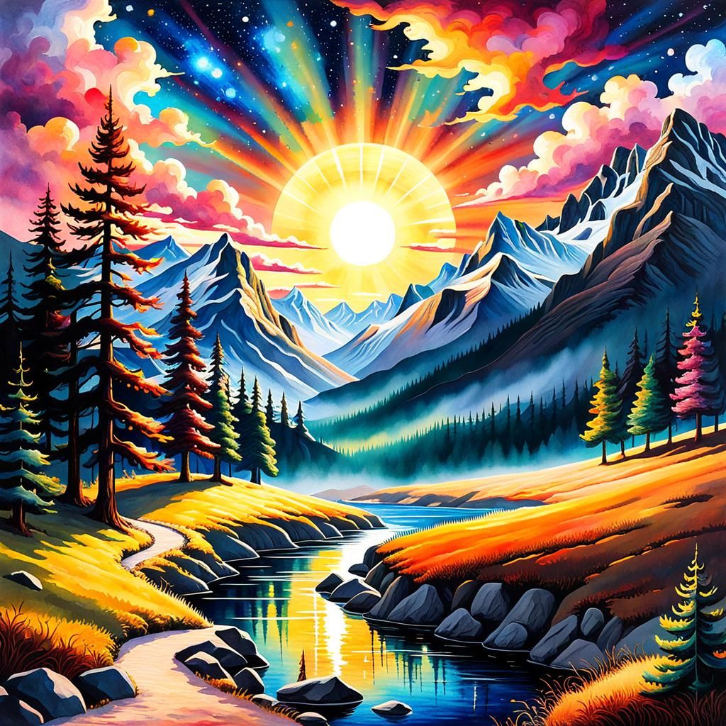Colorful Mountain Landscape with Gothic Elements