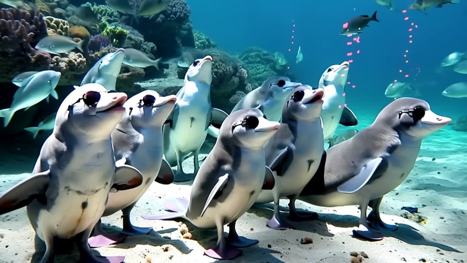 under the sea,there is dolphins listening to music,singing into microphone, and dancing,the 90s dance moves,music notes