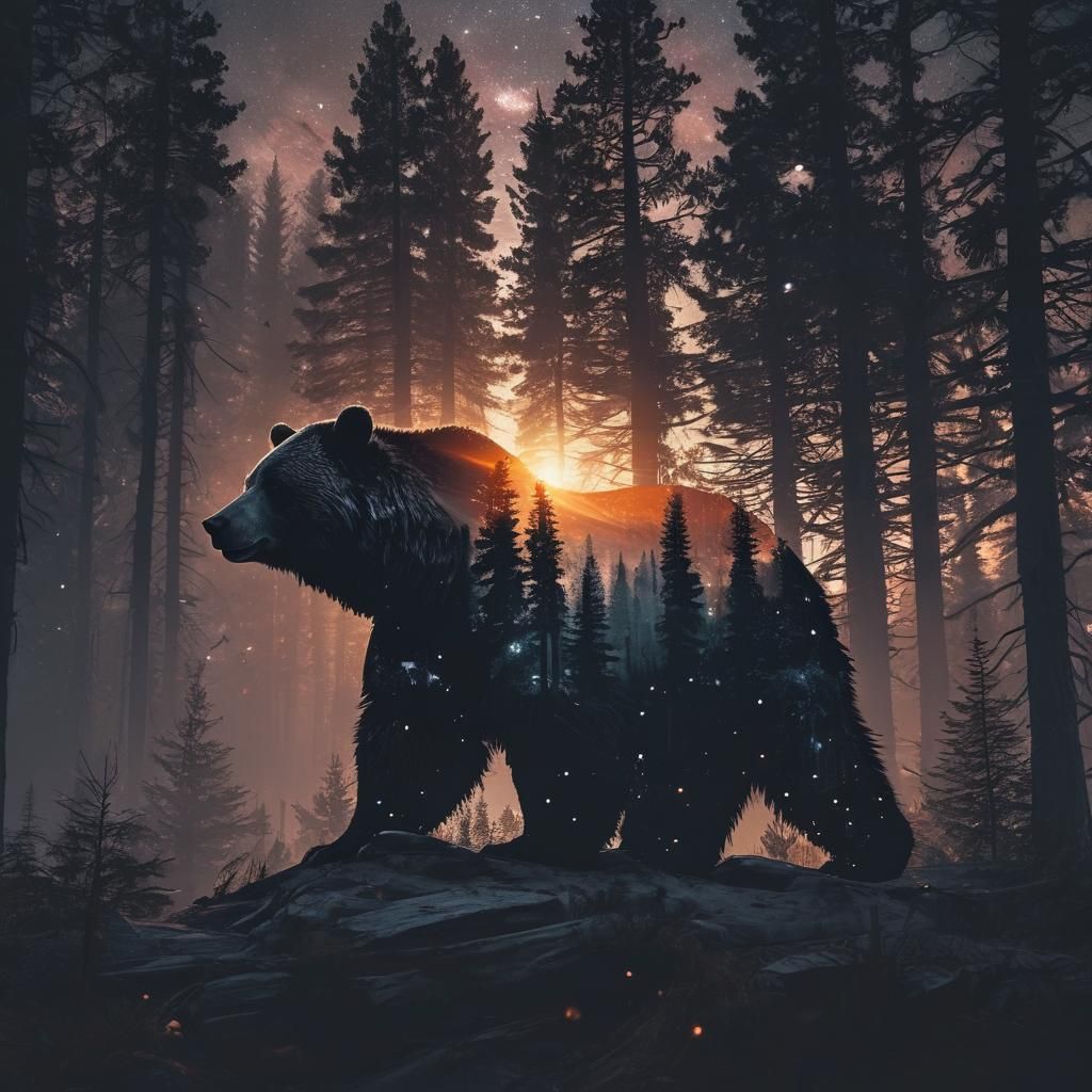 Hd Photography Sunset radiance Silhouette forest+bear+stars transparent layers :: space galaxies stars ...  by @Pjrockey