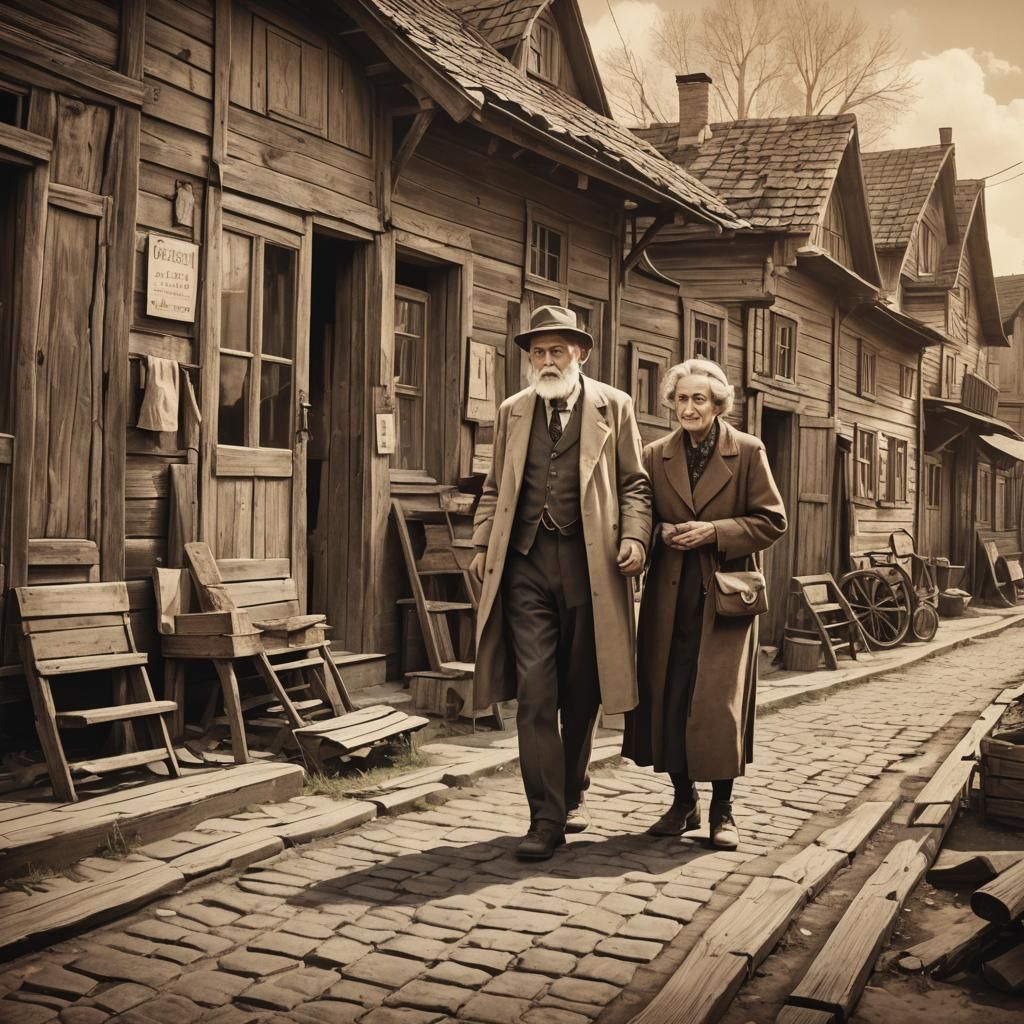 Nostalgic Retro Illustration of Shtetl Visit with Grandparen...