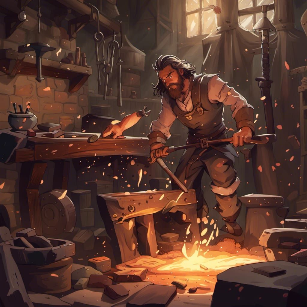 a blacksmith forges runes on the swords of adventurers - AI Generated ...