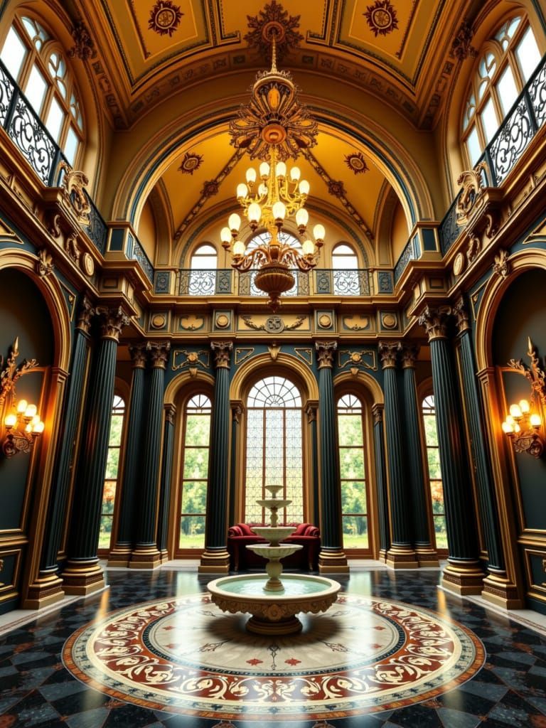 Grandiose lobby in gold accented  black marble <lora:Fractal Architecture:1.0> symmetrical featuring a  faerie water fountain centerpiece