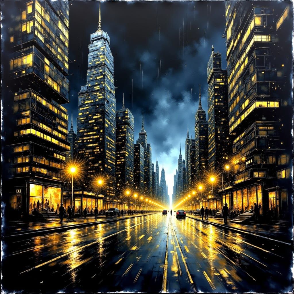 Futuristic Cityscape in Gold Leaf and Ink