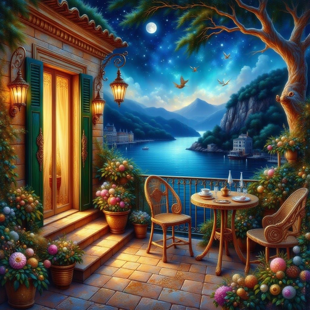 <lora:Touch of Gold:1.0> decorated Italian balcony overlooking the ocean at night 