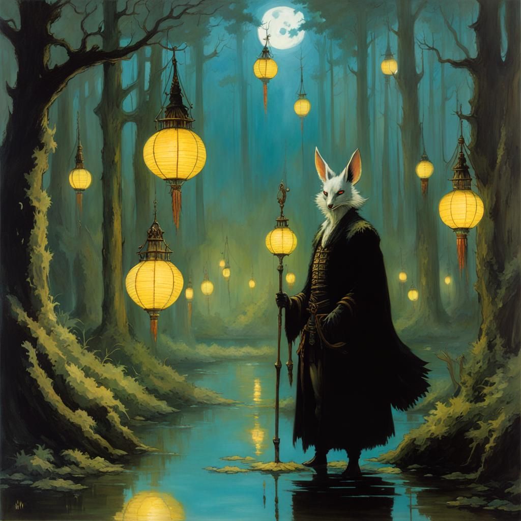 Weird fantasy swamp, silver fox, glowing moths
Gerald Brom, Studio Ghibli 