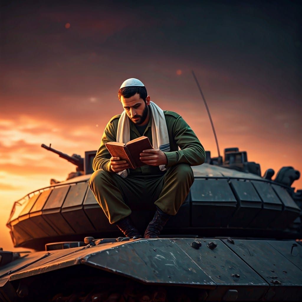 Israeli Soldier Studies Atop Tank in Dreamlike Sunrise