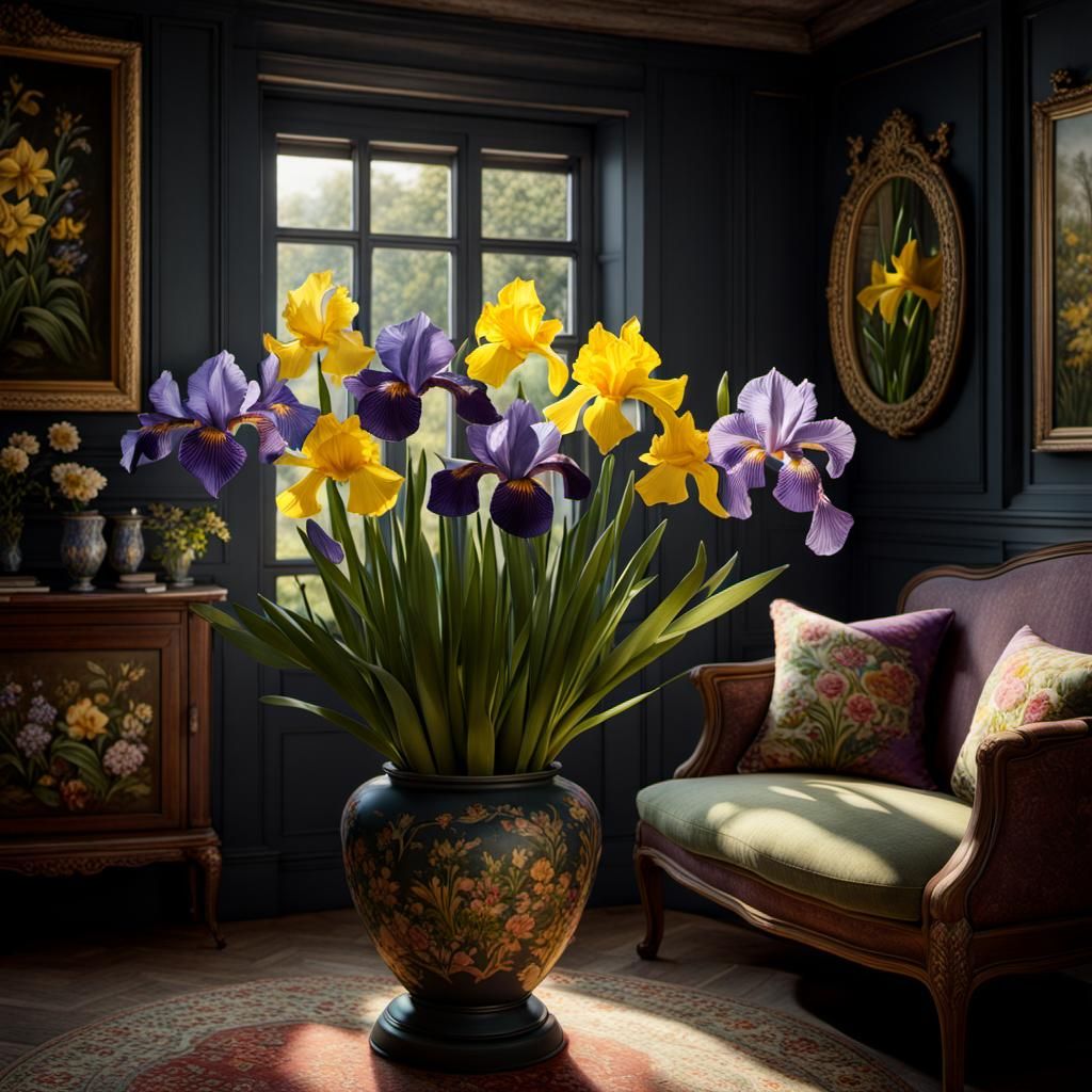 Vintage French botanical flower prints of iris, lavender and...