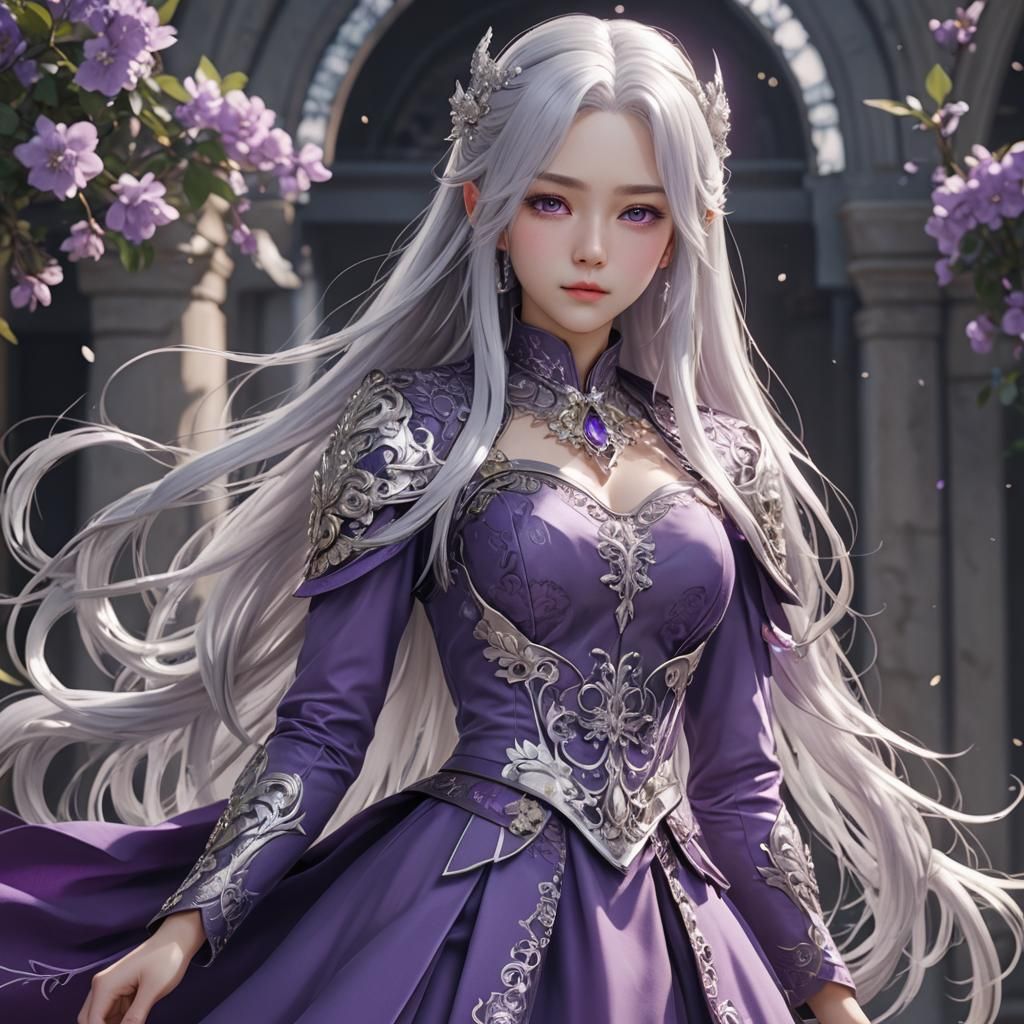 Anime Woman in Purple Dress, 3D Render