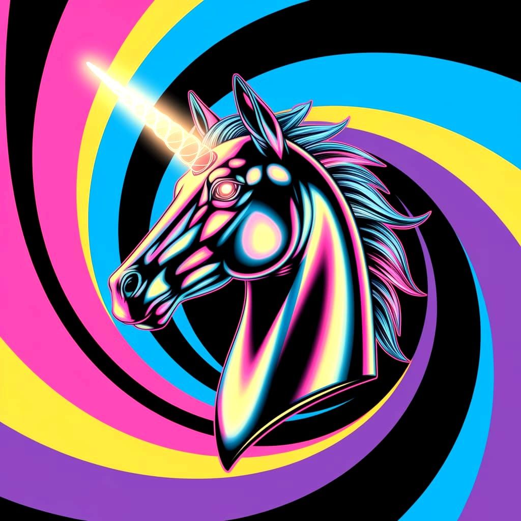 The Cyberpunk Unicorn Dreams. Facing the viewer. Only the Unicorn's head is visible, floating in the middle of the background. Poster design...