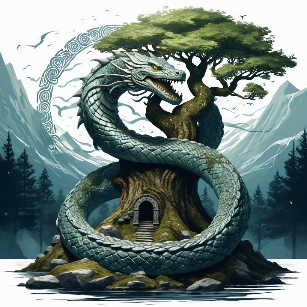 Jormungandr coils around the World Tree   by @Syrinx