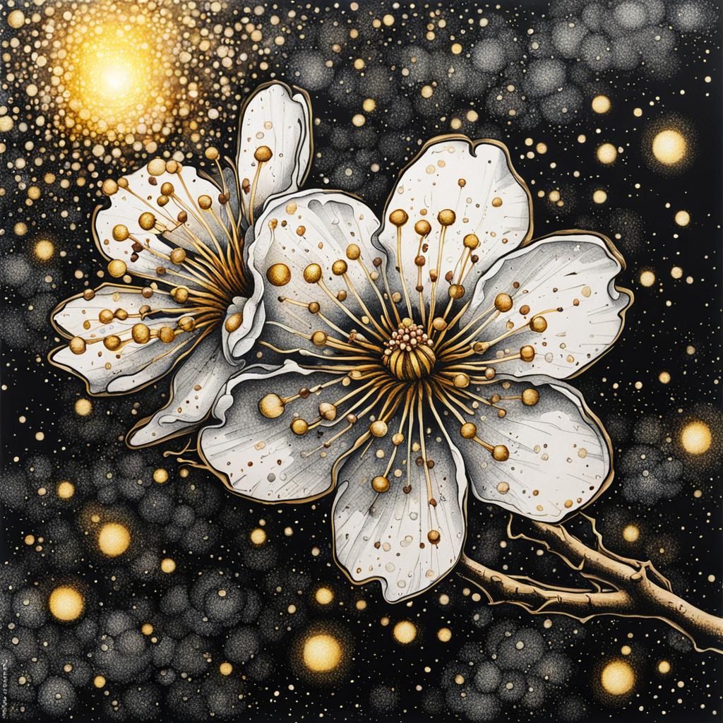 Ink Drawing of Cherry Blossom with Fireflies and Glitter