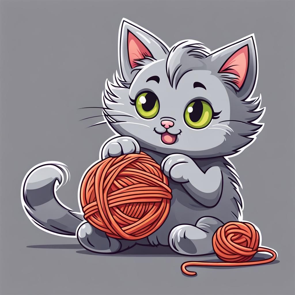 Cute Gray Cartoon Cat with Yarn