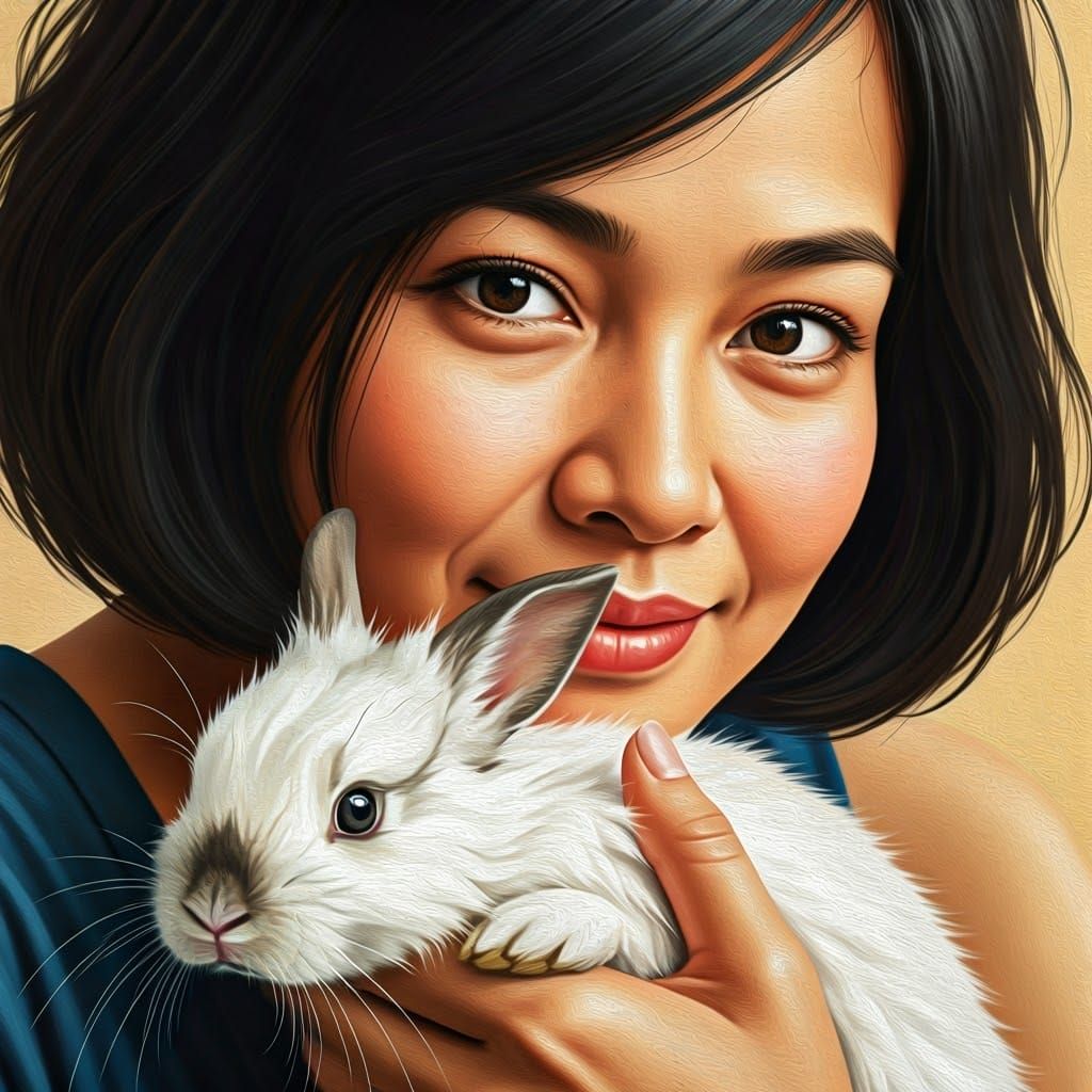 Gentle Thai Woman Cradles Adorable White Rabbit in Impressio...