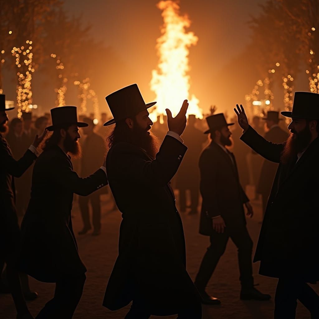 Hasidic Men Dance Around Bonfire in Golden Light