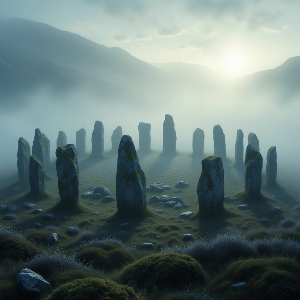 Ancient Celtic Stone Circle in Misty Dawn Light