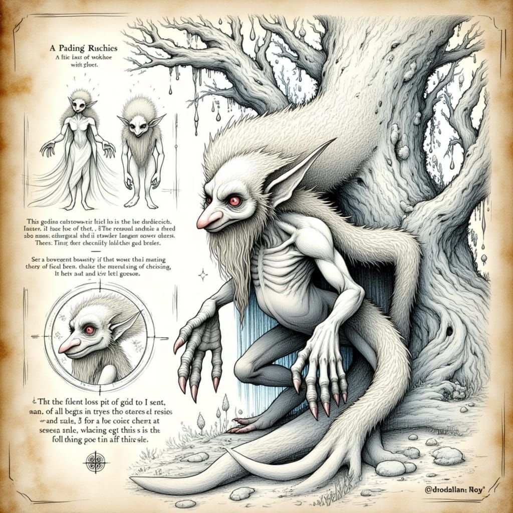 <lora:Fantasy Creature:1.0> A <goblin> in the style of <Fantasy Character> in a forest, with smaller images of its characteristics. The styl...