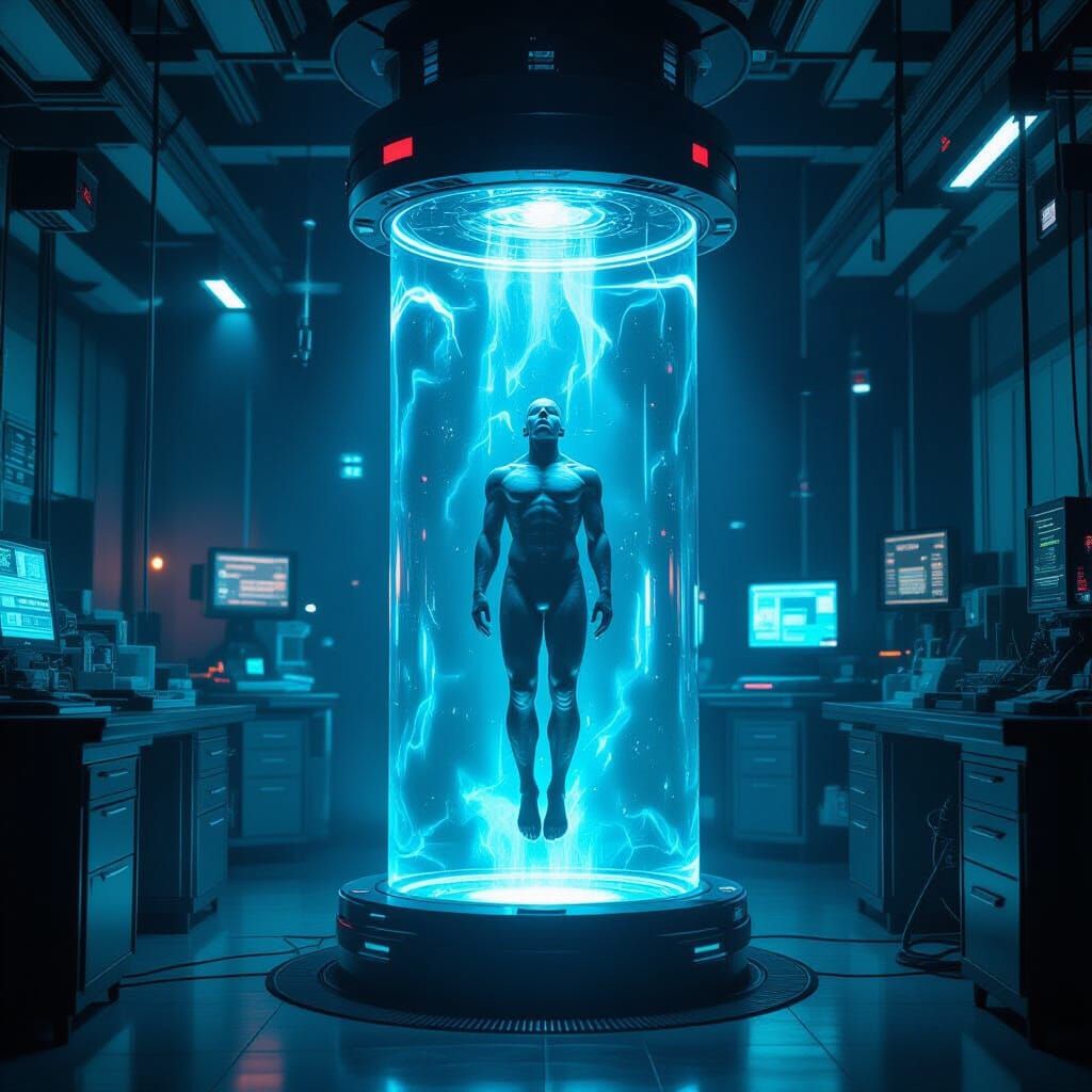 A high-tech resurrection tank hums with energy in a dimly lit laboratory, filled with strange electronic equipment and glowing monitors. A f...