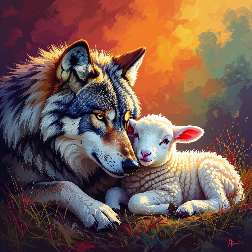 Wolf and Lamb Resting Together in Dramatic Lighting