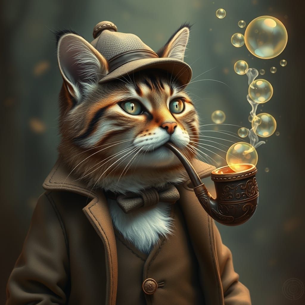 A cat dressed as Sherlock Holmes blowing bubbles from his tobacco pipe  by @Greybeard