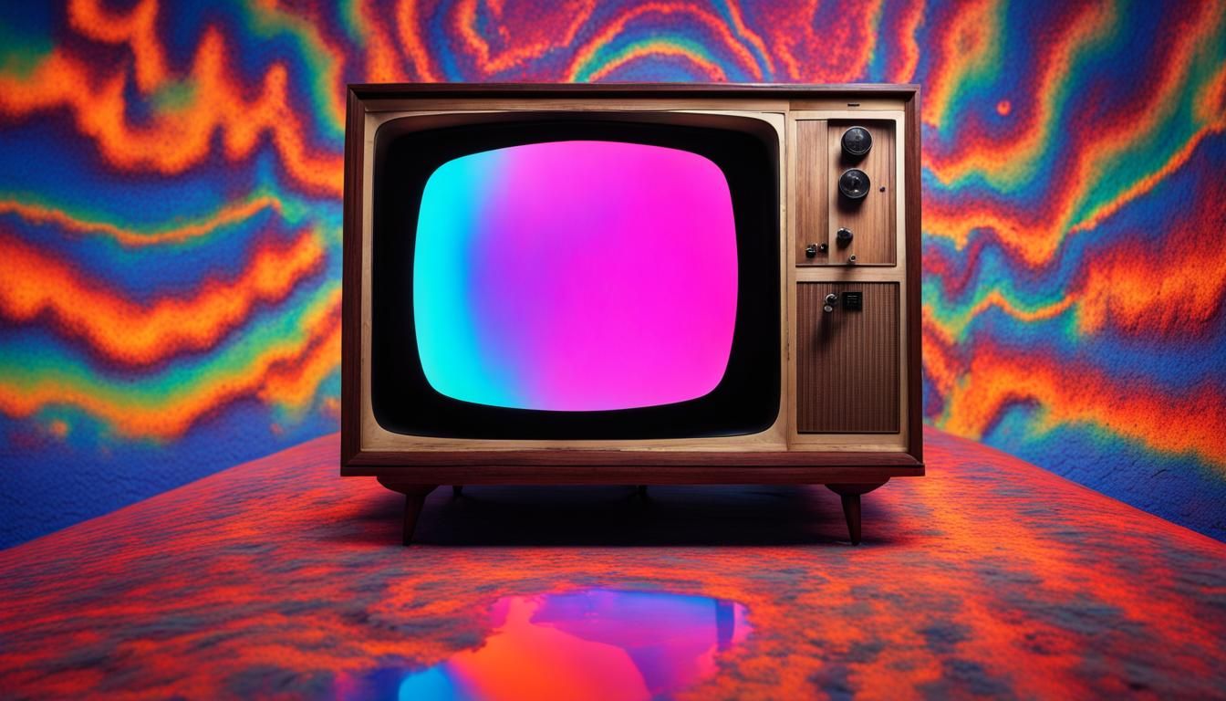 Old TV, displaying vibrant trippy colors with space behind i...
