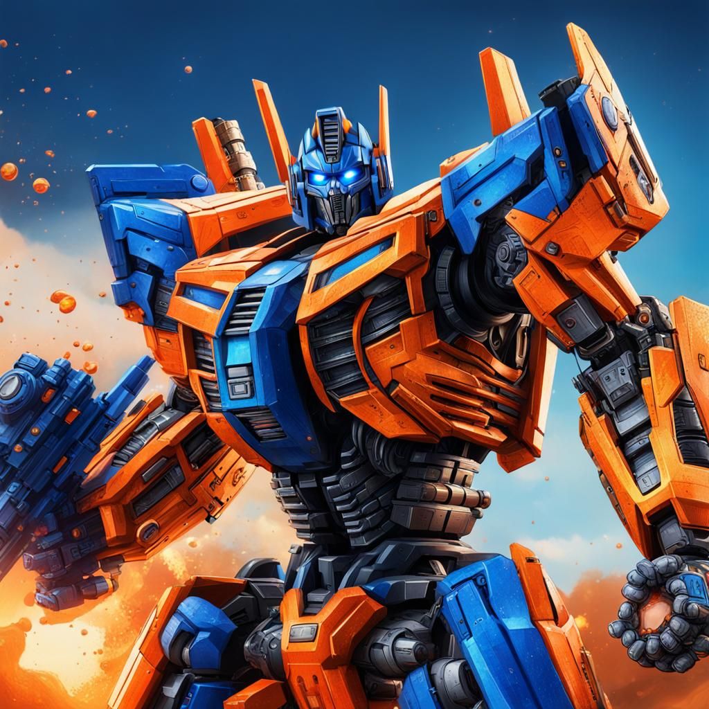 Orange and blue transformer with hand cannons