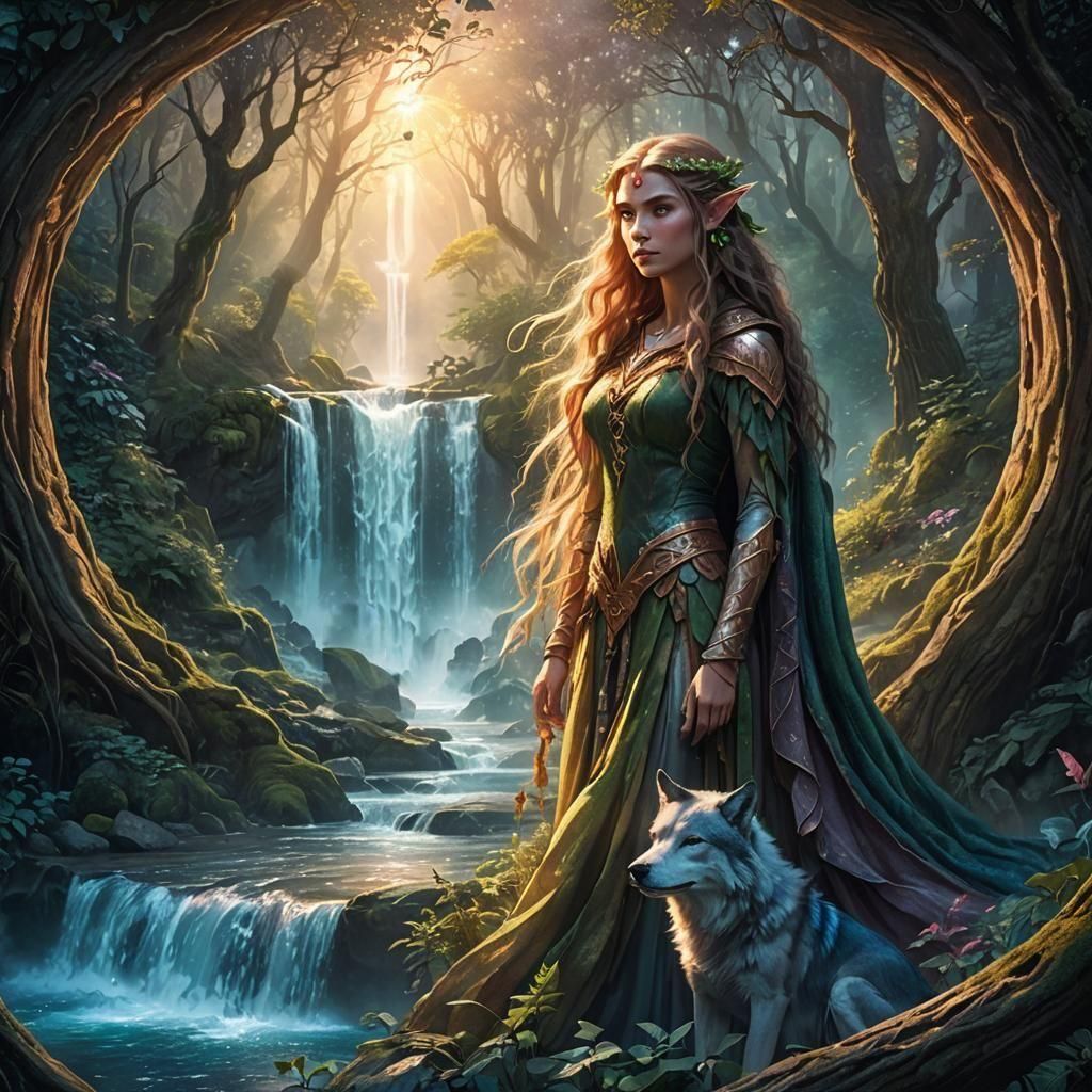 Foresta incantata con cascata, elfa celtica, bel viso, bel corpo, lupo che ulula, portale.  by @Francy