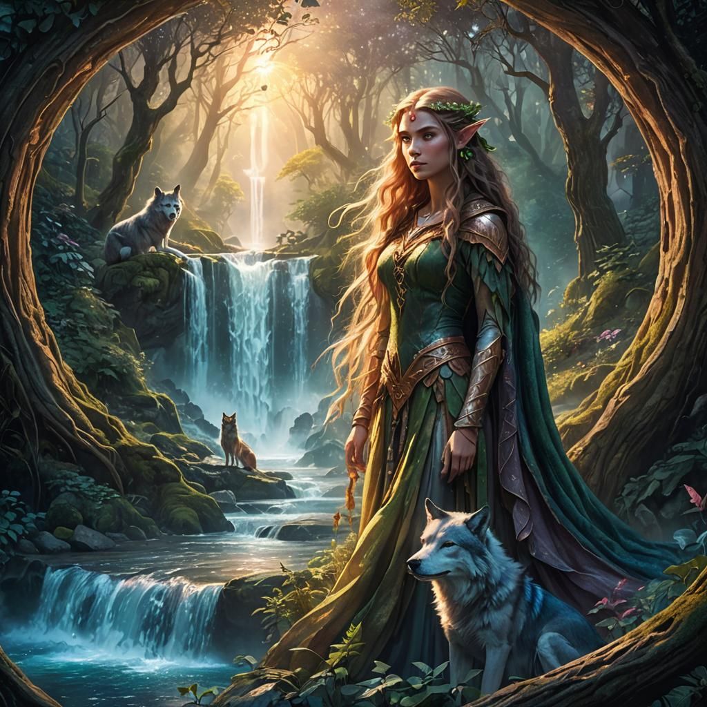 Foresta incantata con cascata, elfa celtica, bel viso, bel corpo, lupo che ulula, portale.