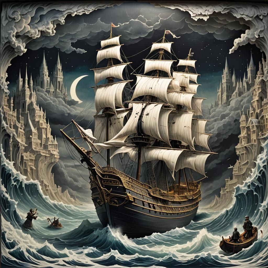 a hyperdetailed pop-up book that looks like a ship thats com...