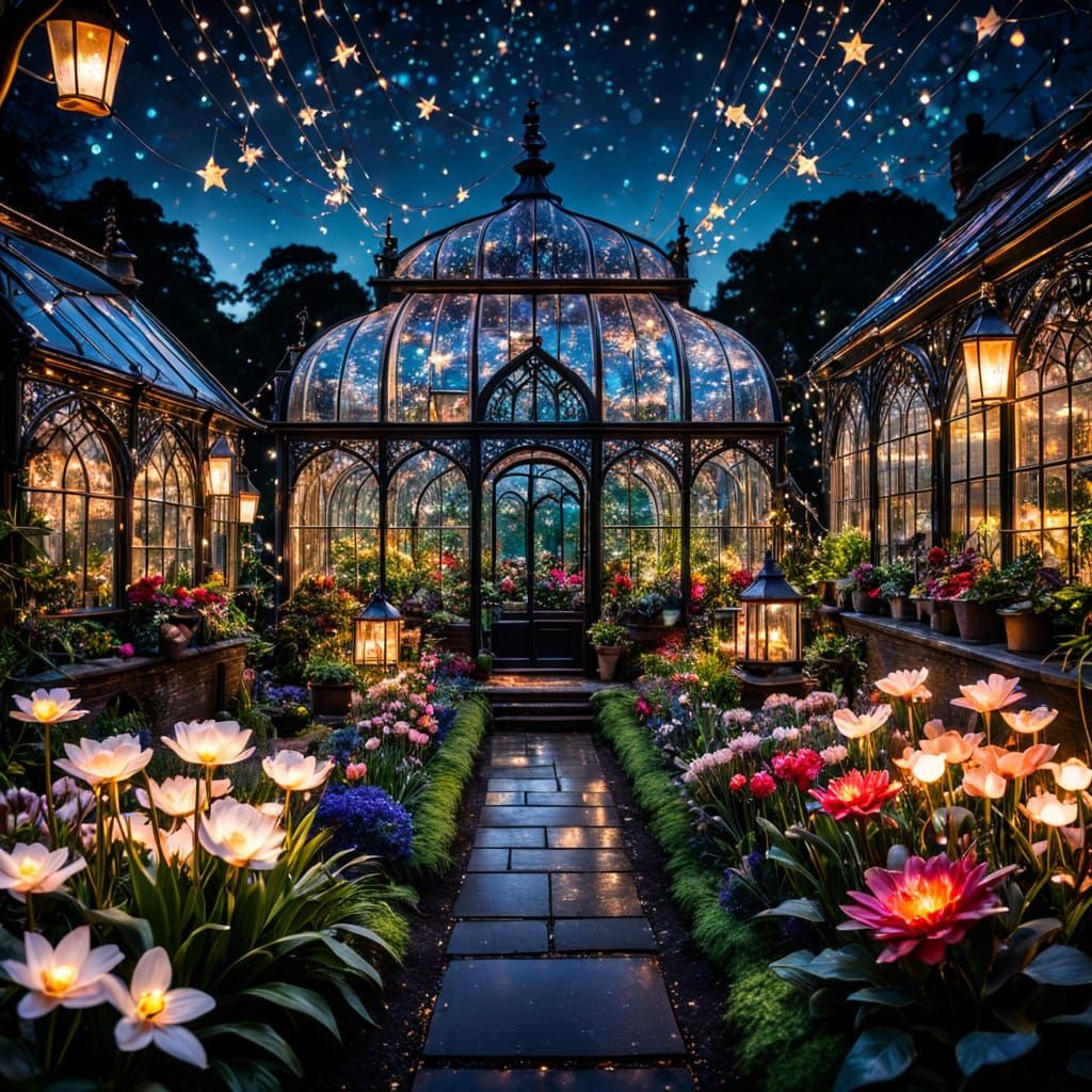 "The most beautiful amazing incredible stunning vibrant glasshouse at night, dark sky, lots of pots of ...  by @Mabel