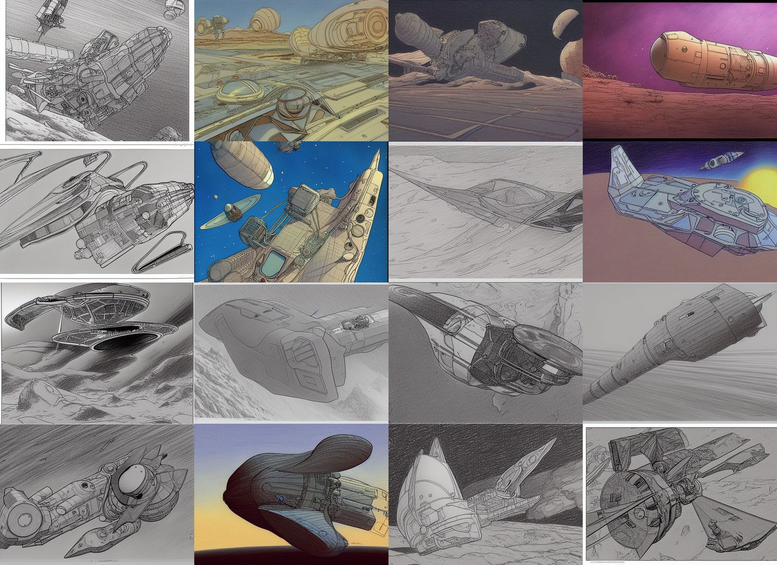 Drawing by Moebius, adventure, landscape, spacecraft AI Generated