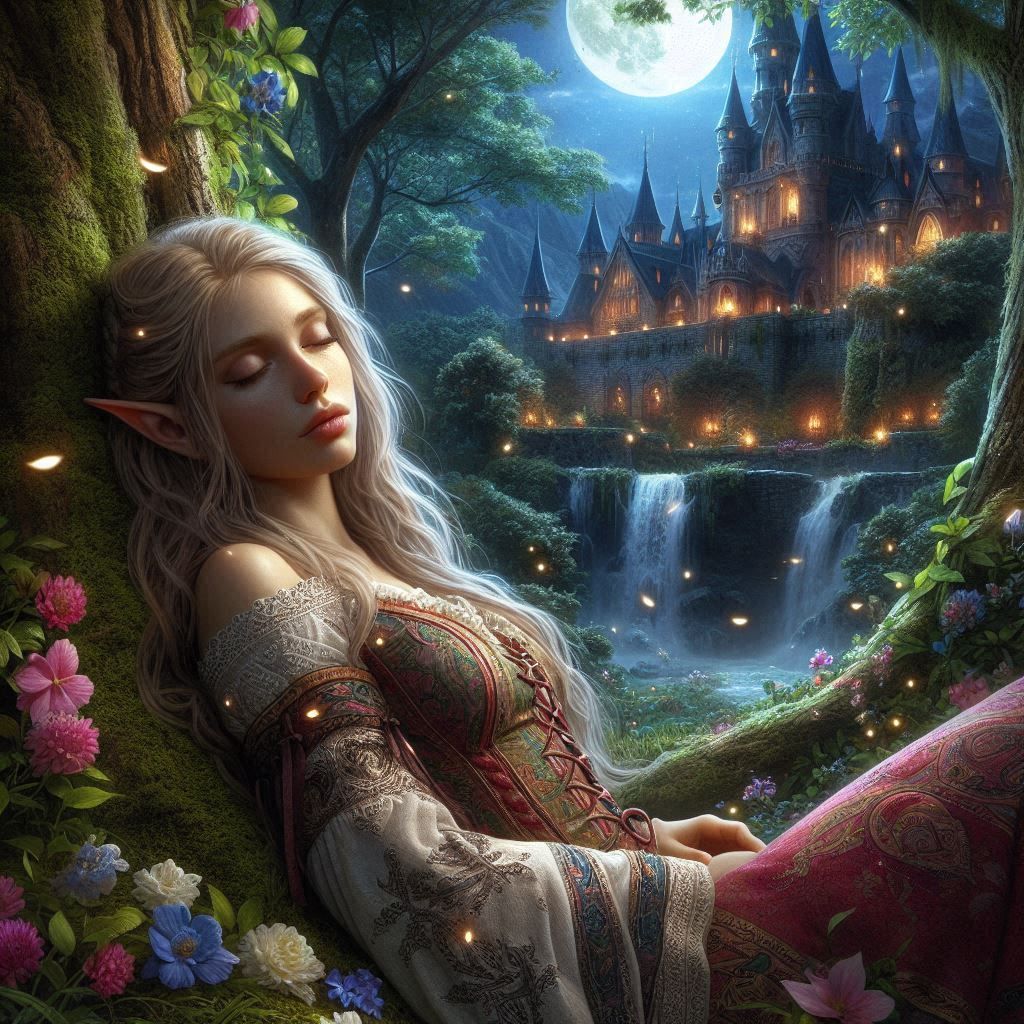 Forest Elf Esme sleeping by the castle Falls