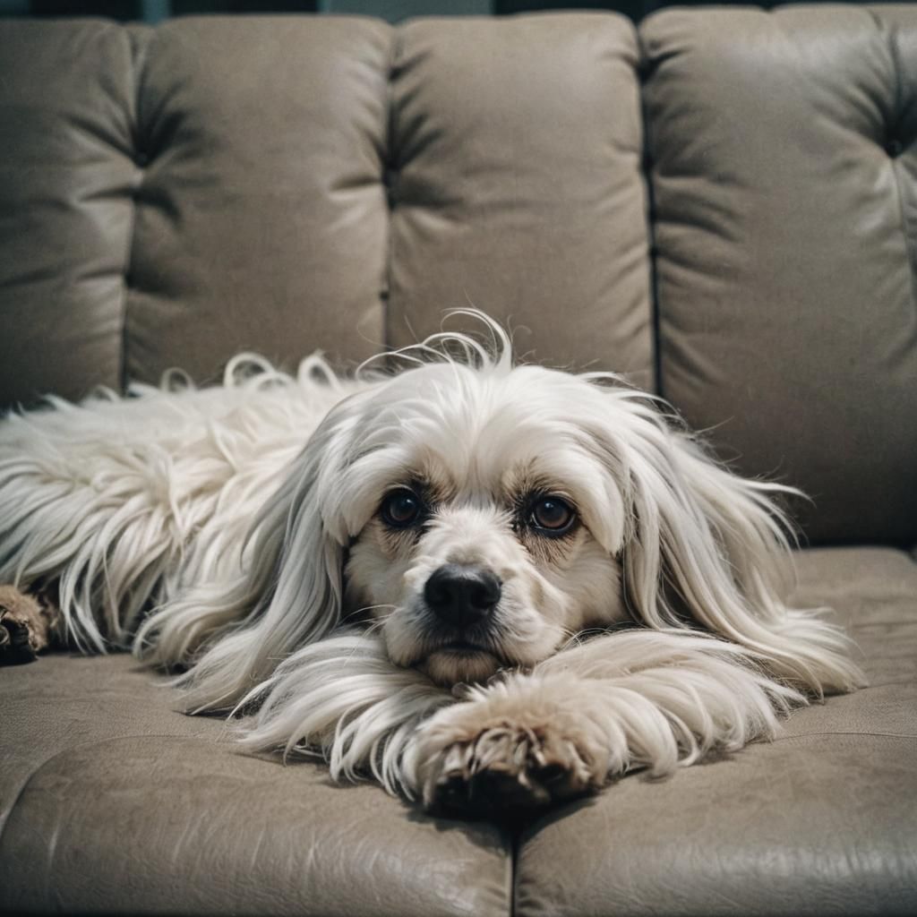 very cute dog with snowy white hair lying down on a couch
