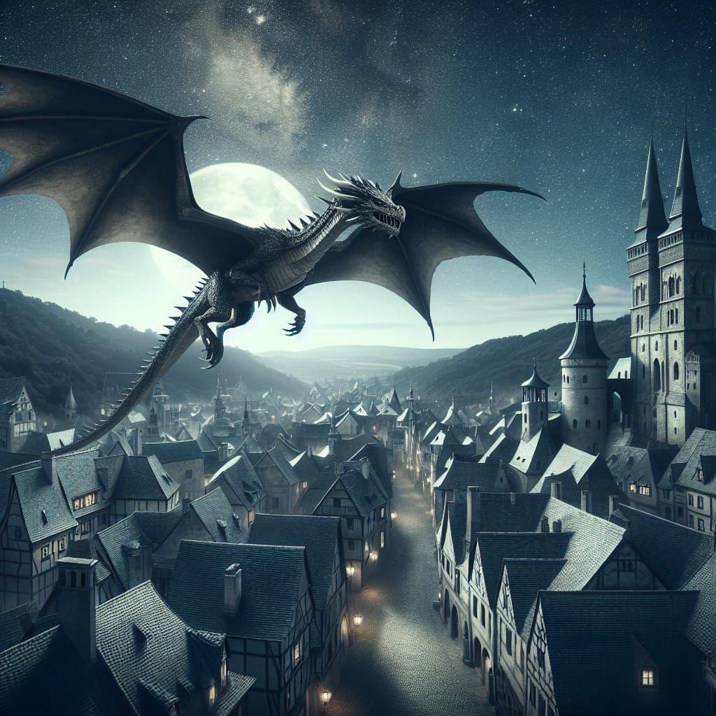 "Un dragón volando sobre una ciudad