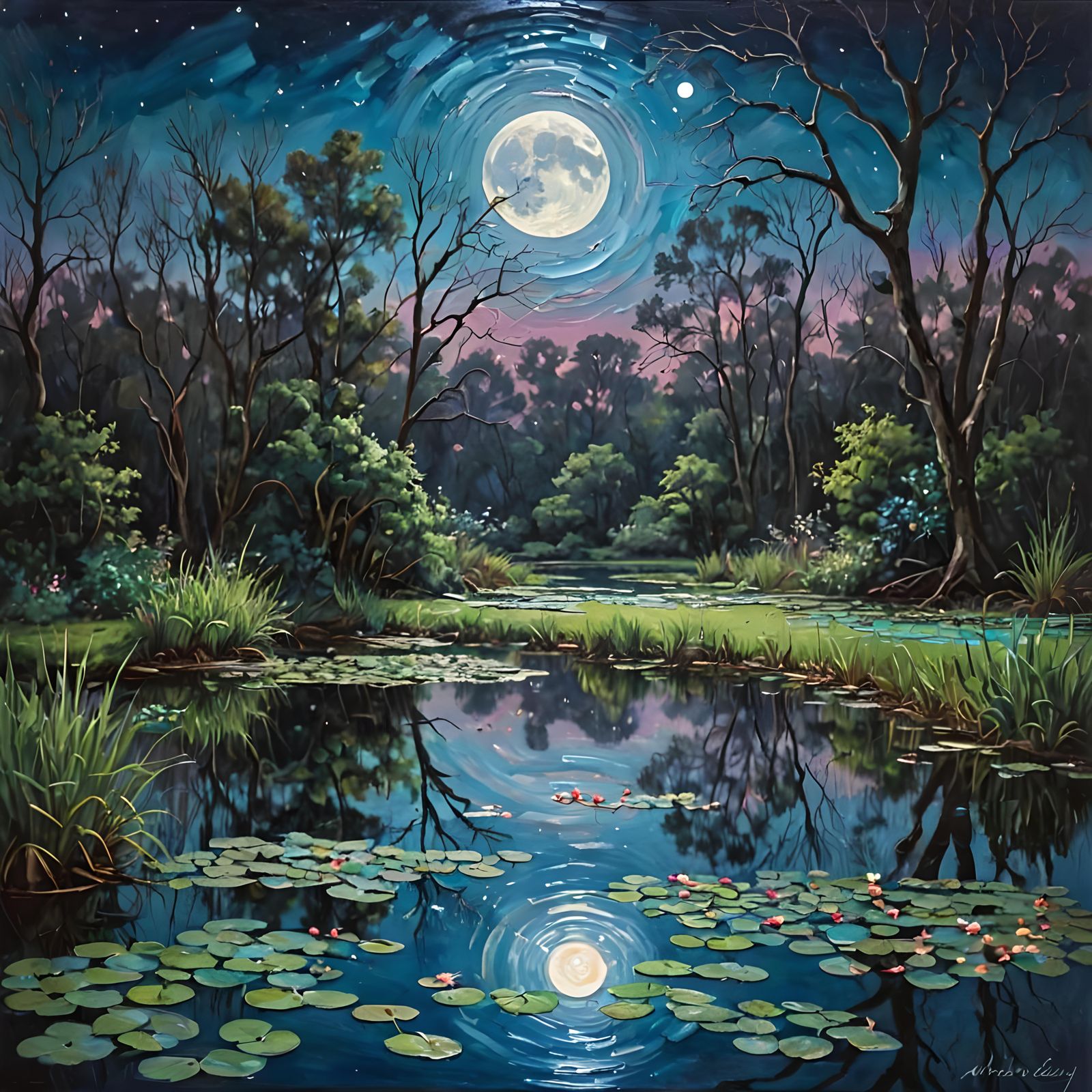 Moonlit pond dreamscape, surreal impressionism  by @Artificial Artistry