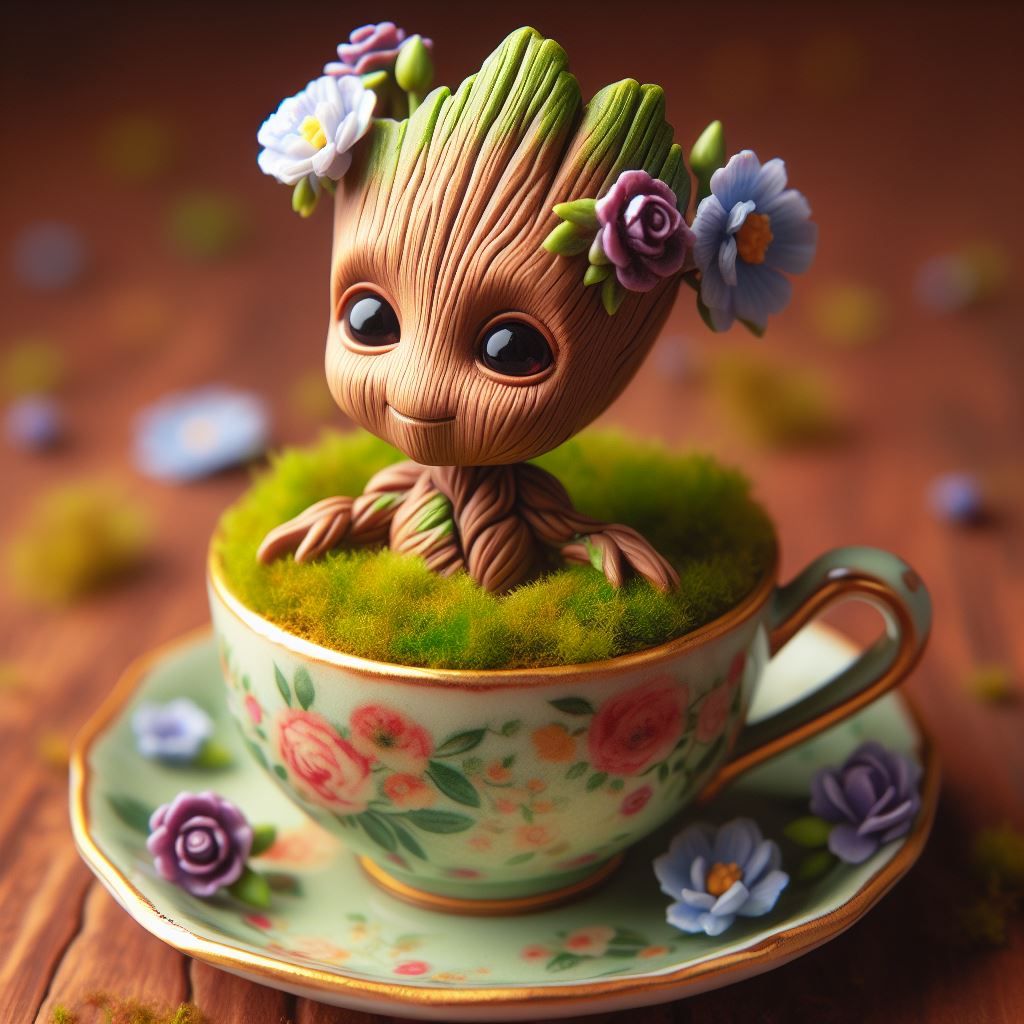 Baby Groot in a teacup