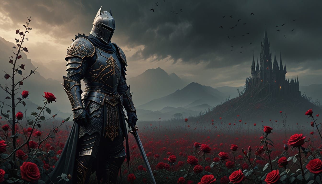 Painterly illustration. Medium shot. A lone knight in ornate armor stands before a field of dark, thorny ...  by @Ed Evans