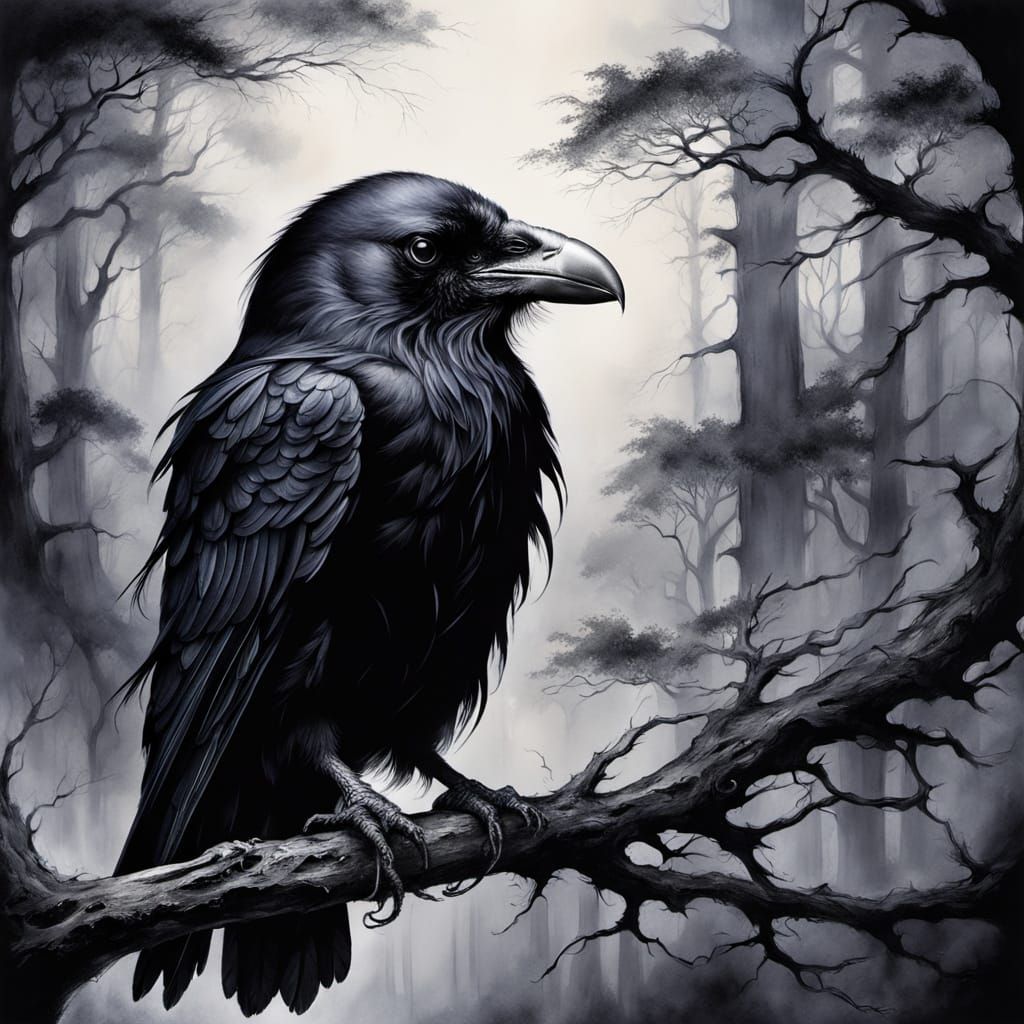 Ink painting of a Raven perched on twig ( Luis Royo's style )