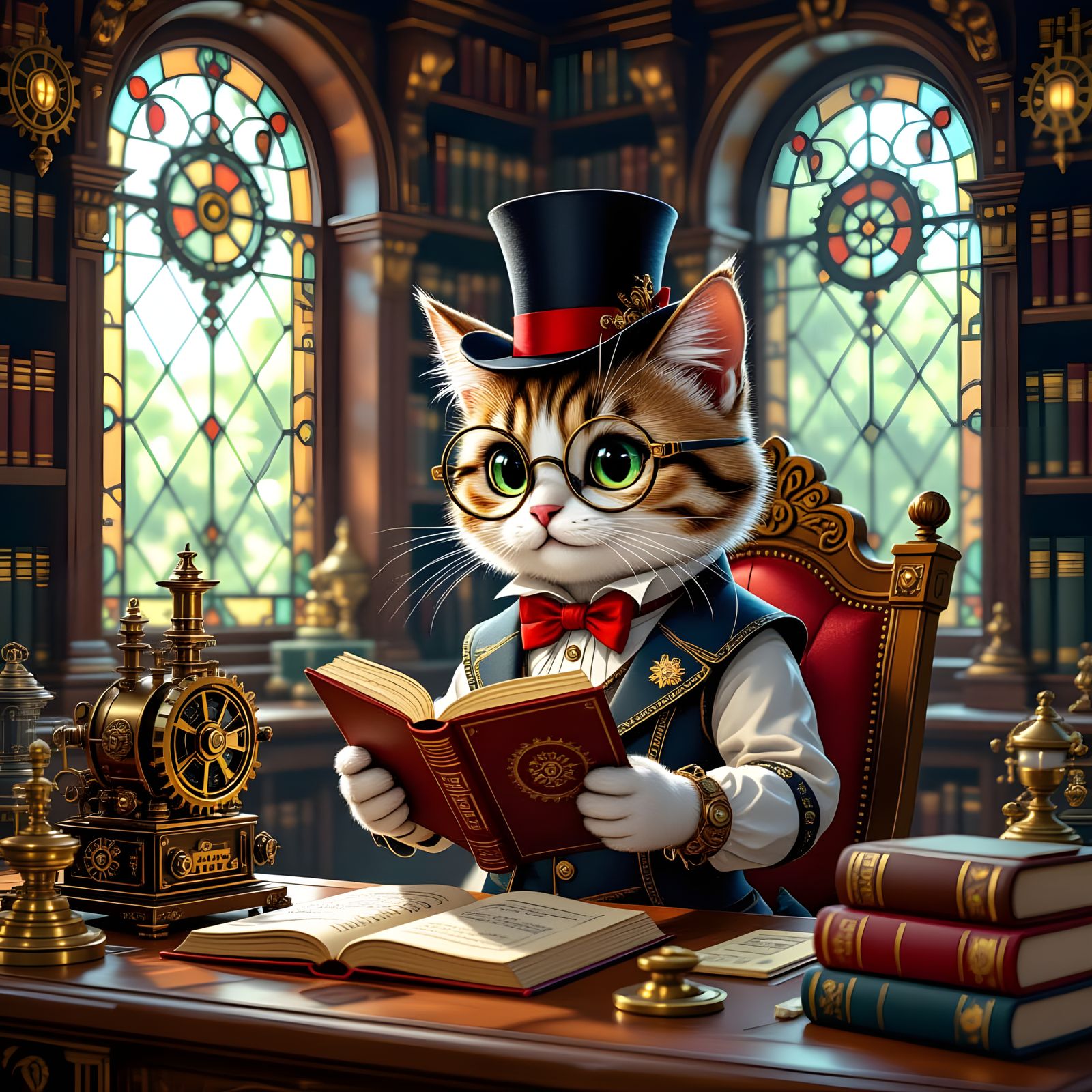 Steampunk Cat Librarian in Cozy Clockwork Library