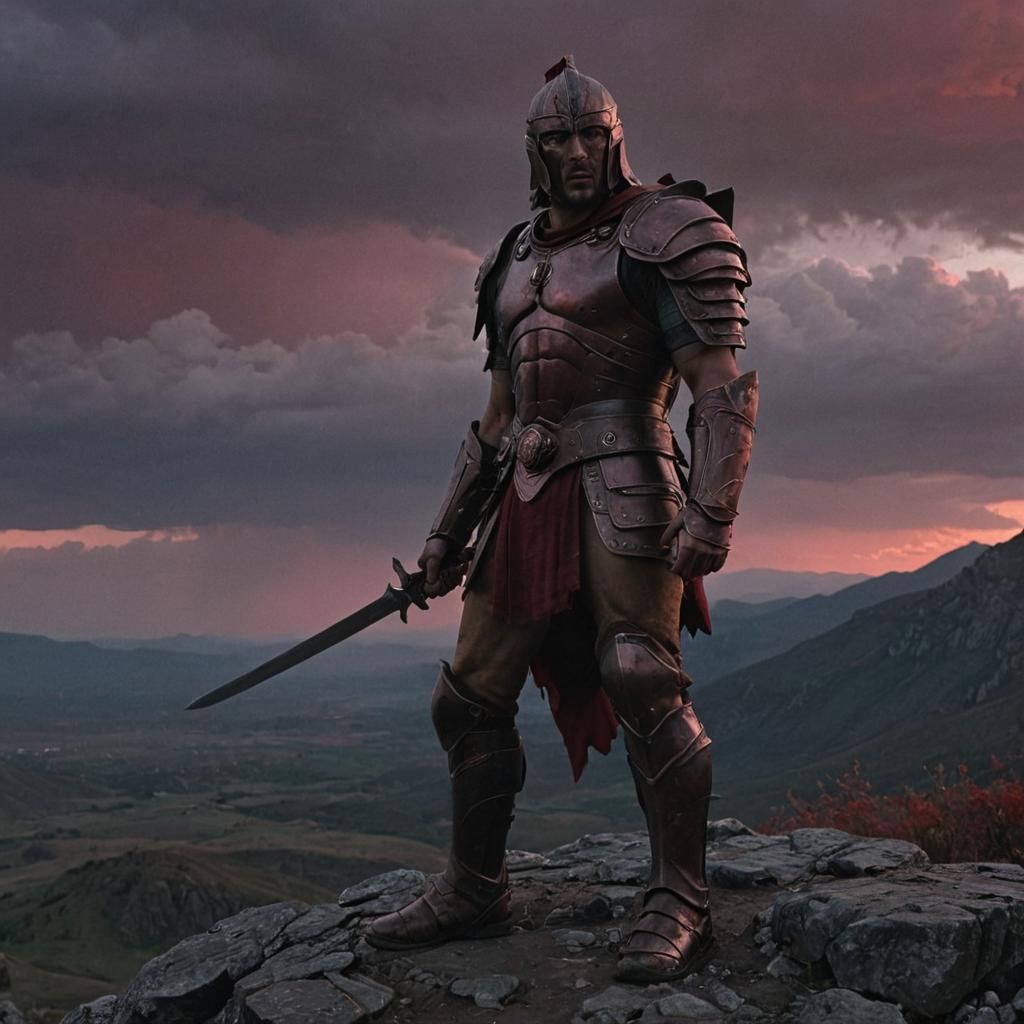 Heroic Warrior on Mountaintop at Twilight